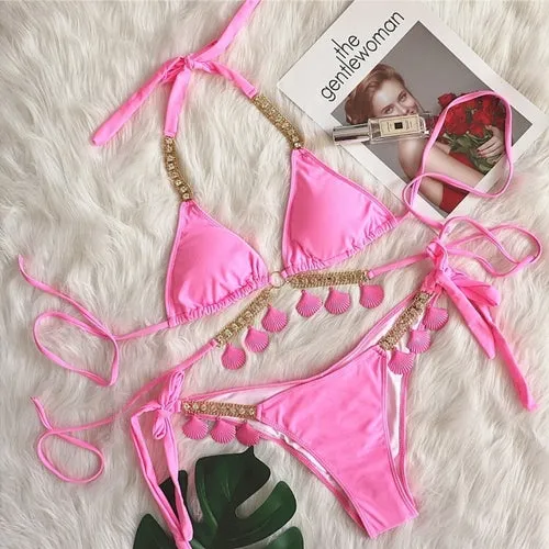 Sexy Shell Diamond Bikini Halter Push Up Swimwear Women Swimsuit