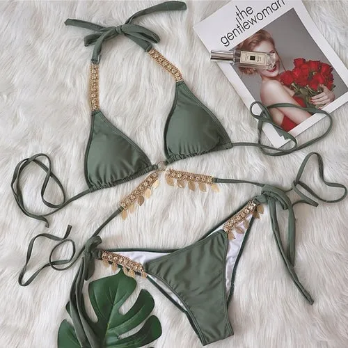 Sexy Shell Diamond Bikini Halter Push Up Swimwear Women Swimsuit