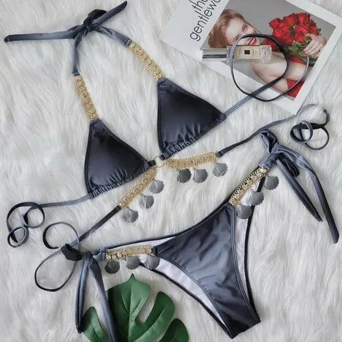 Sexy Shell Diamond Bikini Halter Push Up Swimwear Women Swimsuit