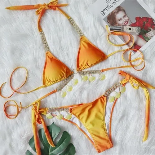 Sexy Shell Diamond Bikini Halter Push Up Swimwear Women Swimsuit
