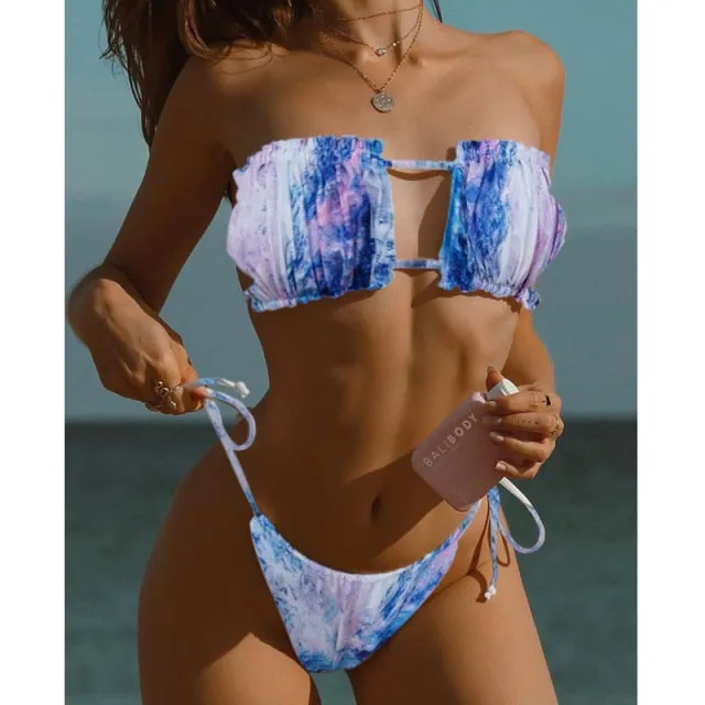 Sexy Solid Bikini 2021 Women Pleated Bandeau Swimsuit Female Low Waist Swimwear Women Beach Thong Bikini Set Bathing Suit Swim