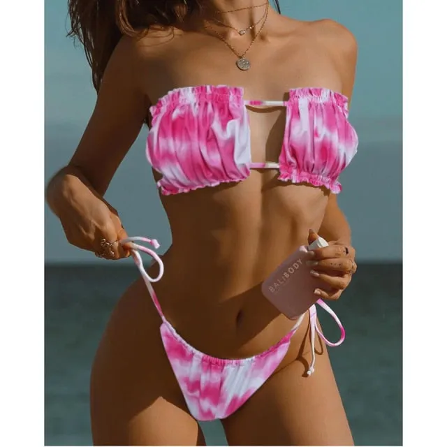Sexy Solid Bikini 2021 Women Pleated Bandeau Swimsuit Female Low Waist Swimwear Women Beach Thong Bikini Set Bathing Suit Swim