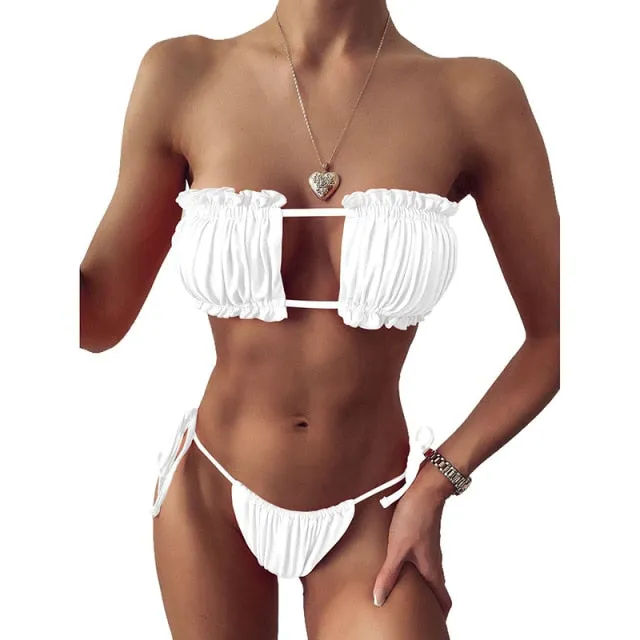 Sexy Solid Bikini 2021 Women Pleated Bandeau Swimsuit Female Low Waist Swimwear Women Beach Thong Bikini Set Bathing Suit Swim