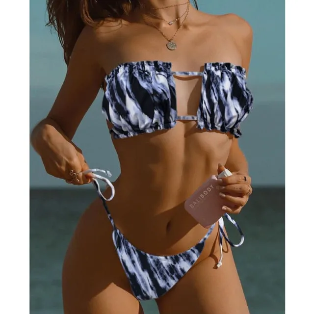 Sexy Solid Bikini 2021 Women Pleated Bandeau Swimsuit Female Low Waist Swimwear Women Beach Thong Bikini Set Bathing Suit Swim