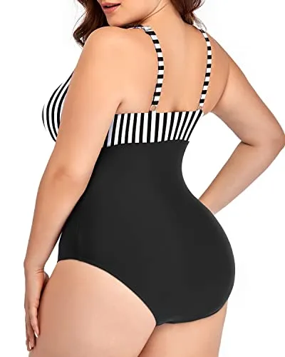 Skin-Friendly Plus Size V-Neck Swimsuit-Black And White Stripe