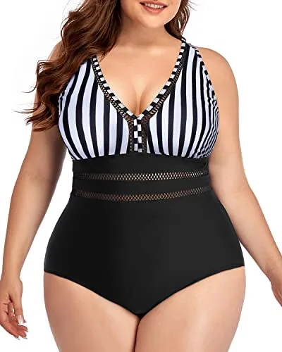 Skin-Friendly Plus Size V-Neck Swimsuit-Black And White Stripe