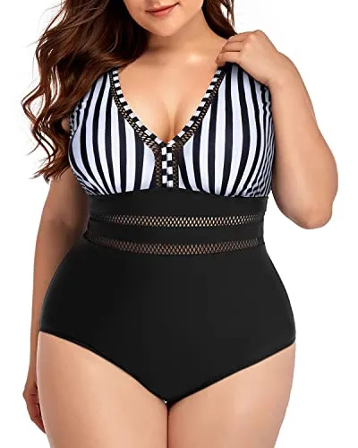 Skin-Friendly Plus Size V-Neck Swimsuit-Black And White Stripe