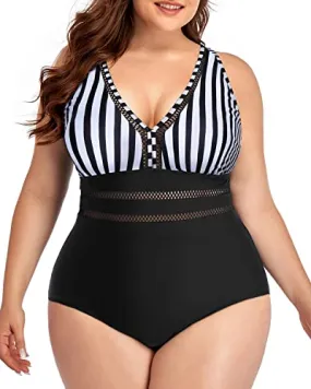 Skin-Friendly Plus Size V-Neck Swimsuit-Black And White Stripe