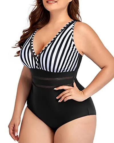 Skin-Friendly Plus Size V-Neck Swimsuit-Black And White Stripe