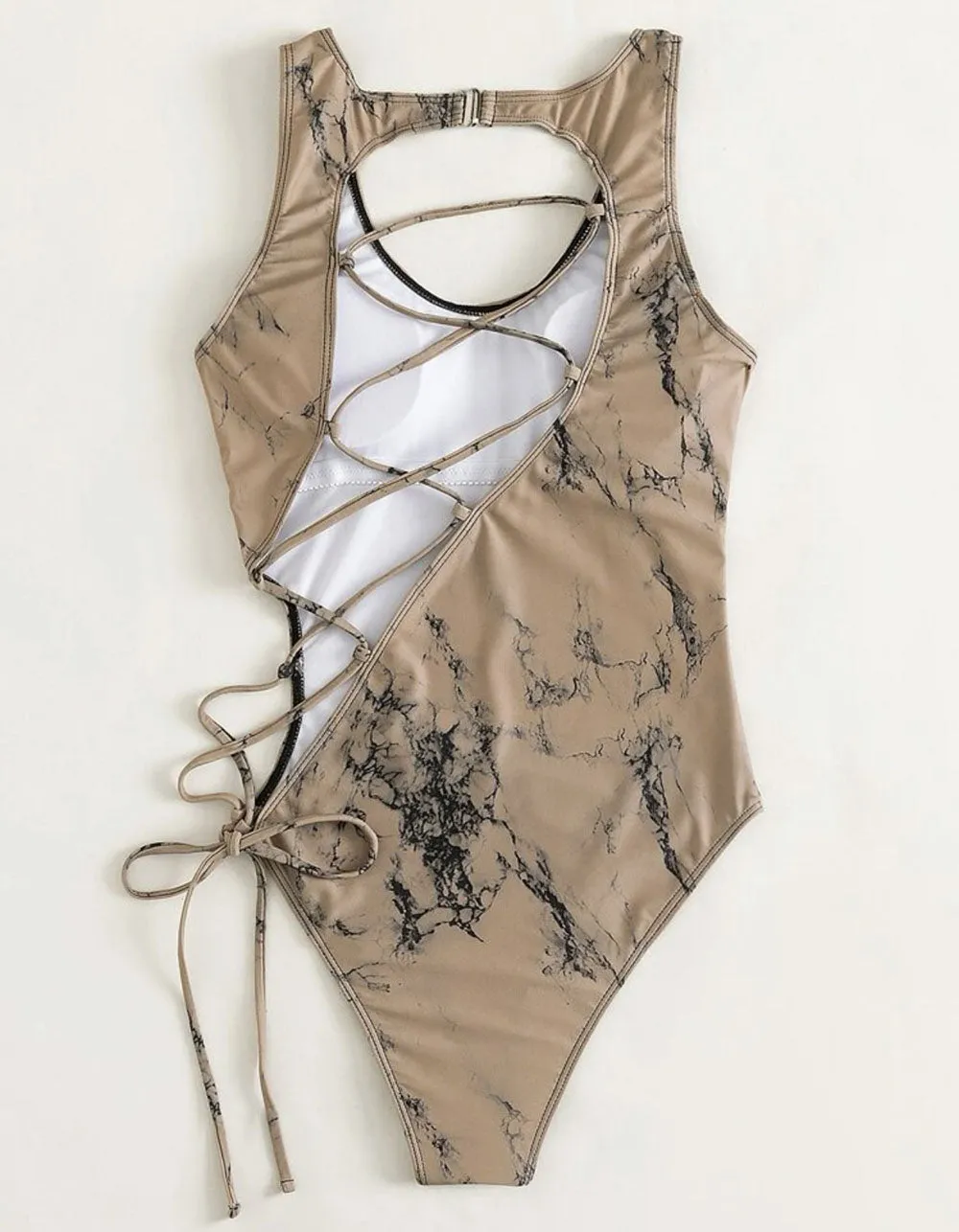 Solid-color Strap Backless Cut Out One-piece Bikini Swimwear