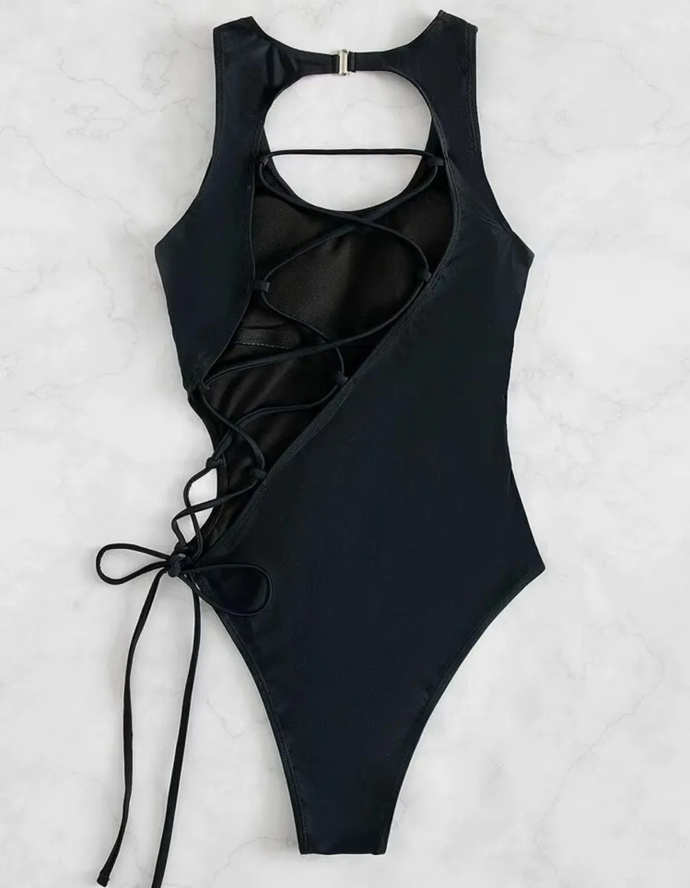 Solid-color Strap Backless Cut Out One-piece Bikini Swimwear