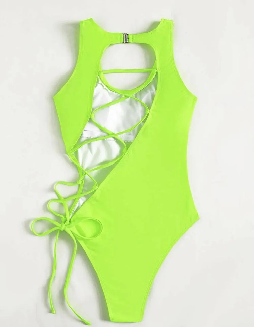 Solid-color Strap Backless Cut Out One-piece Bikini Swimwear