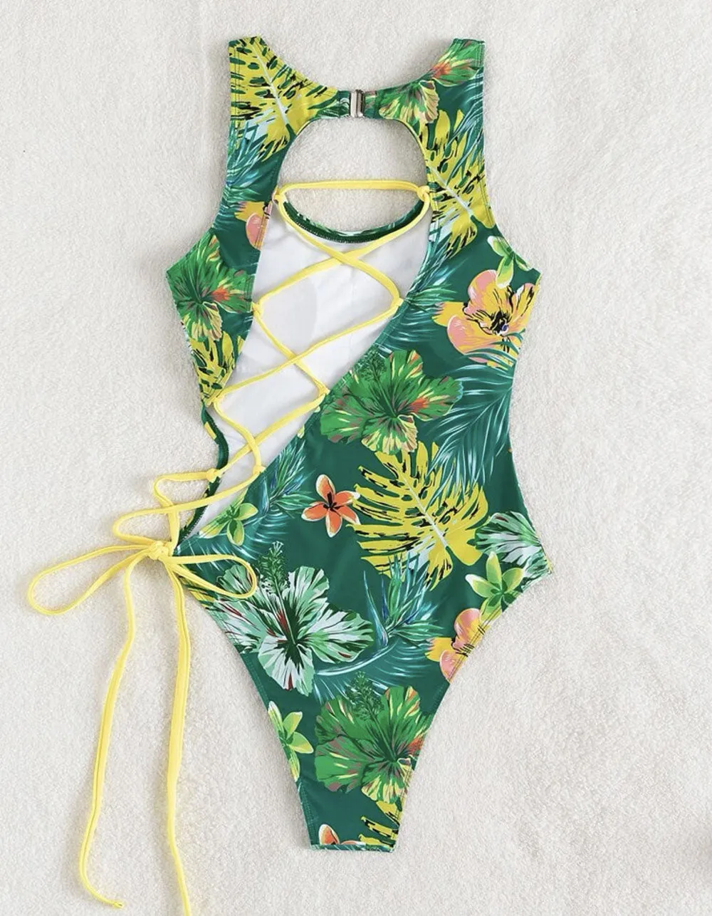 Solid-color Strap Backless Cut Out One-piece Bikini Swimwear