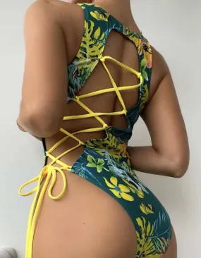 Solid-color Strap Backless Cut Out One-piece Bikini Swimwear