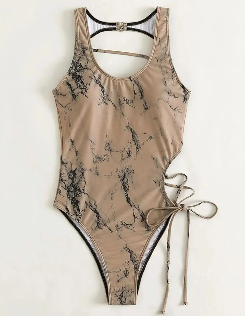 Solid-color Strap Backless Cut Out One-piece Bikini Swimwear