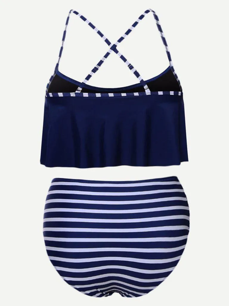 Striped High Waist Bikini Set