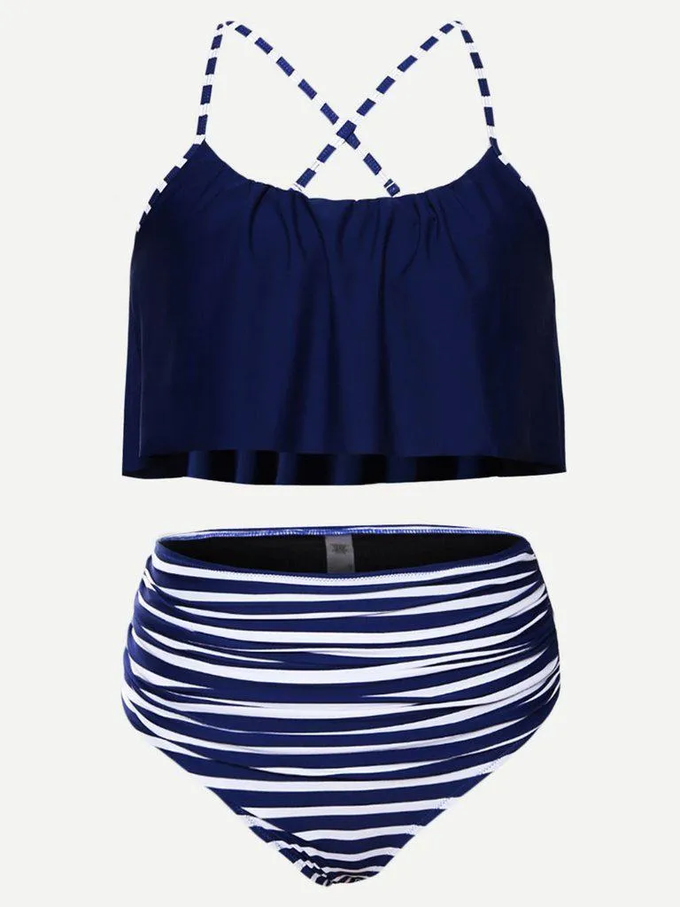 Striped High Waist Bikini Set
