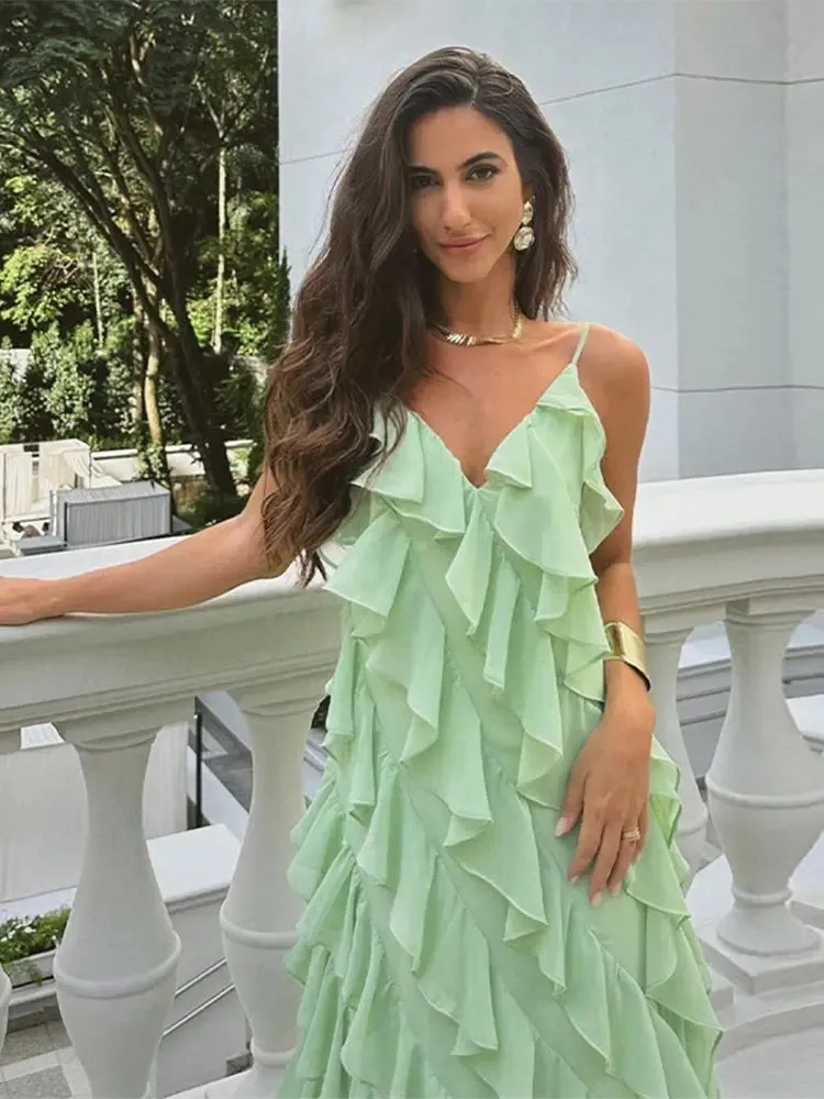 TAVIMART  -  Fashion Green Women Sling Maxi Dress Elegant V-neck Sleeveless Slim Dresses 2024 Summer Female Chic Beach Vacation Robes
