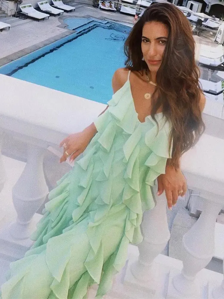 TAVIMART  -  Fashion Green Women Sling Maxi Dress Elegant V-neck Sleeveless Slim Dresses 2024 Summer Female Chic Beach Vacation Robes