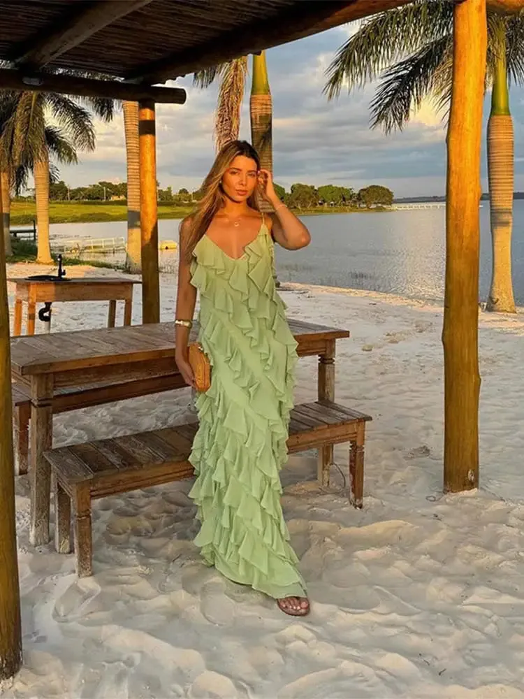 TAVIMART  -  Fashion Green Women Sling Maxi Dress Elegant V-neck Sleeveless Slim Dresses 2024 Summer Female Chic Beach Vacation Robes