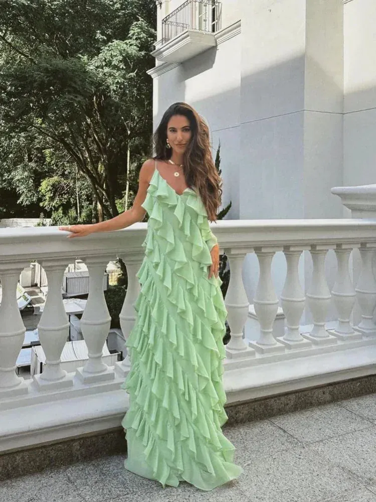 TAVIMART  -  Fashion Green Women Sling Maxi Dress Elegant V-neck Sleeveless Slim Dresses 2024 Summer Female Chic Beach Vacation Robes