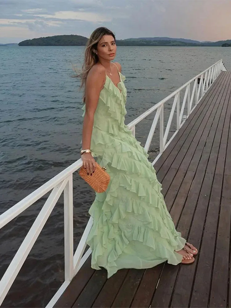 TAVIMART  -  Fashion Green Women Sling Maxi Dress Elegant V-neck Sleeveless Slim Dresses 2024 Summer Female Chic Beach Vacation Robes