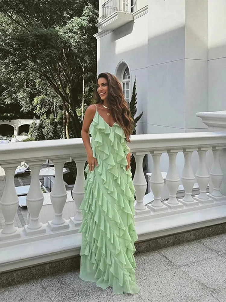 TAVIMART  -  Fashion Green Women Sling Maxi Dress Elegant V-neck Sleeveless Slim Dresses 2024 Summer Female Chic Beach Vacation Robes