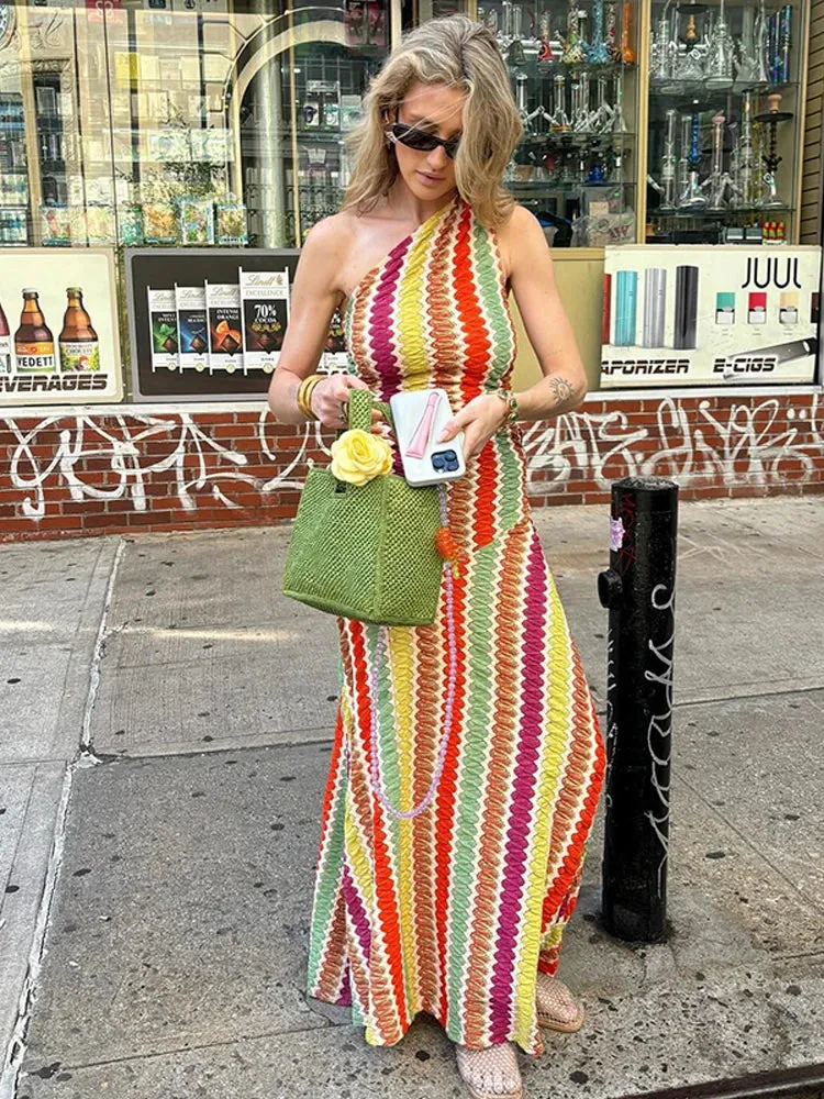 TAVIMART  -  Women Sexy One Shoulder Sleeveless Colorful Maxi Dress Fashion Slim Irregular Dresses 2024 Summer Lady Chic Beach Vacation Robes