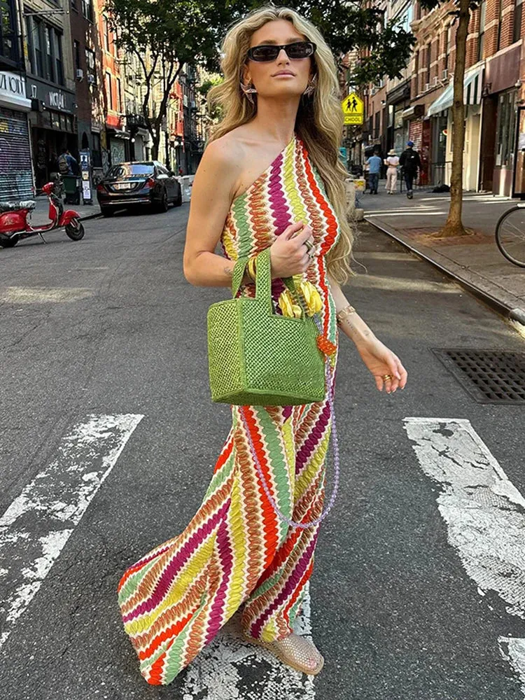 TAVIMART  -  Women Sexy One Shoulder Sleeveless Colorful Maxi Dress Fashion Slim Irregular Dresses 2024 Summer Lady Chic Beach Vacation Robes