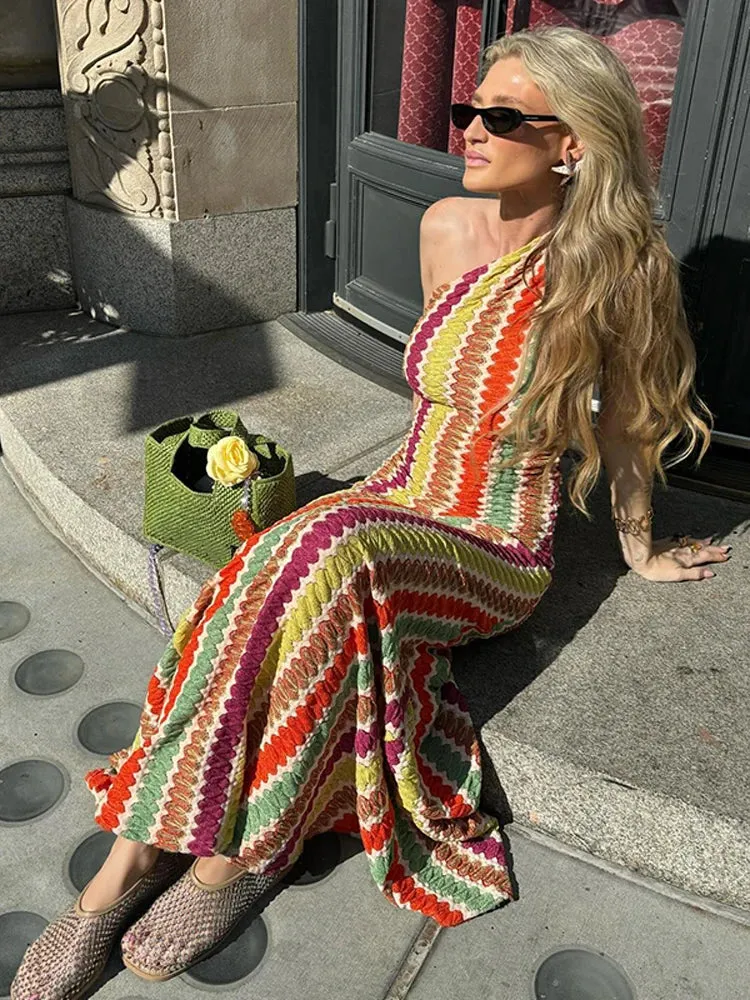 TAVIMART  -  Women Sexy One Shoulder Sleeveless Colorful Maxi Dress Fashion Slim Irregular Dresses 2024 Summer Lady Chic Beach Vacation Robes