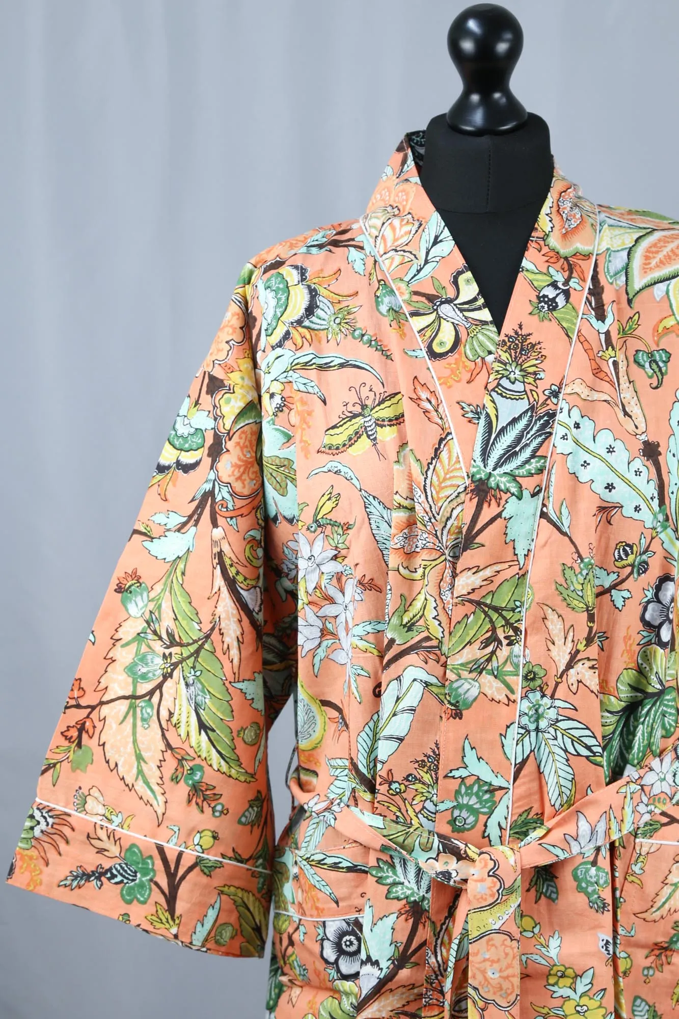 Tropical Forest On Peach Orange Base Cotton Kimono Dressing Gown