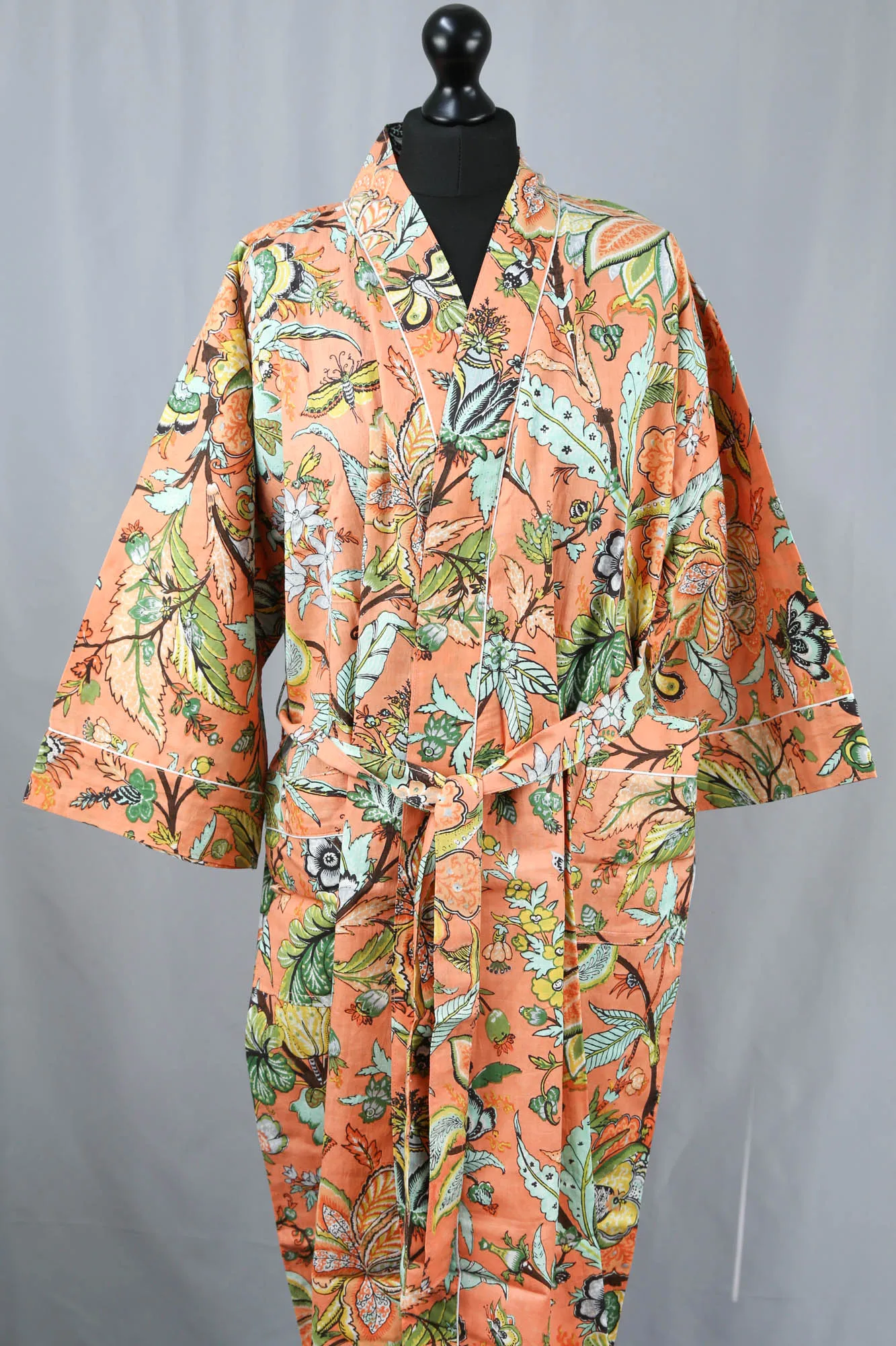 Tropical Forest On Peach Orange Base Cotton Kimono Dressing Gown