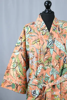 Tropical Forest On Peach Orange Base Cotton Kimono Dressing Gown