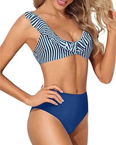 Two Piece High Waisted Bikini Set Ruffle Swim Top With Bottom For Teens-Blue White Stripe