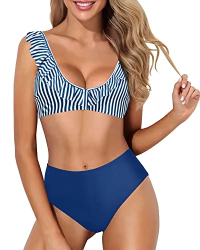 Two Piece High Waisted Bikini Set Ruffle Swim Top With Bottom For Teens-Blue White Stripe