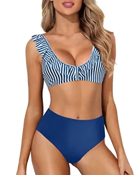 Two Piece High Waisted Bikini Set Ruffle Swim Top With Bottom For Teens-Blue White Stripe