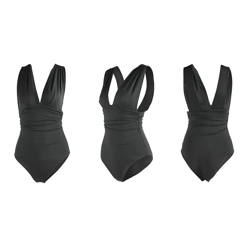 V Neck High Rise Plain Backless Swimsuit