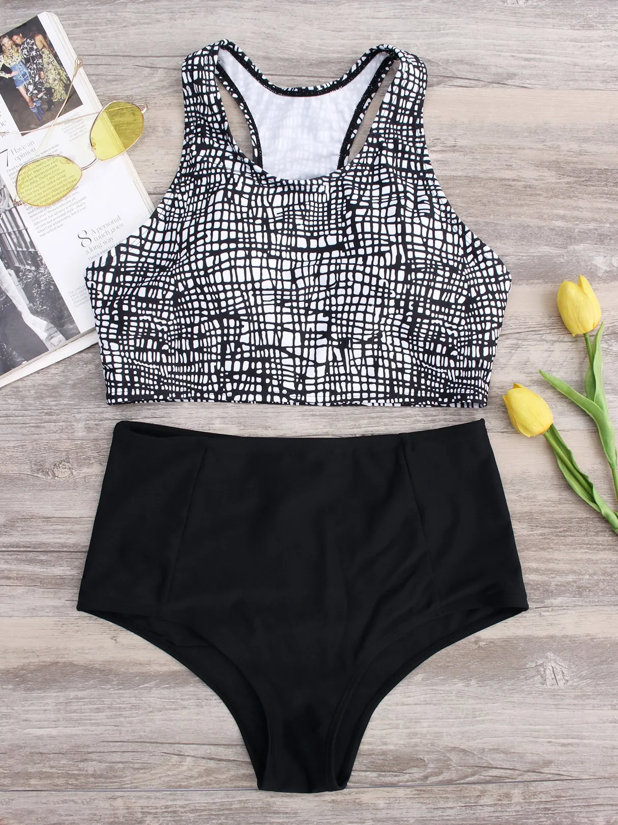 Wholesale Black Round Neck Sleeveless Grid Floral Print Backless Two Piece Bikinis