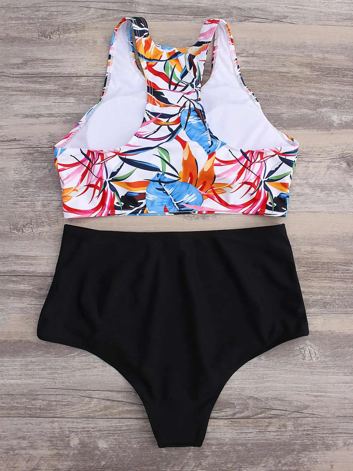 Wholesale Black Round Neck Sleeveless Grid Floral Print Backless Two Piece Bikinis
