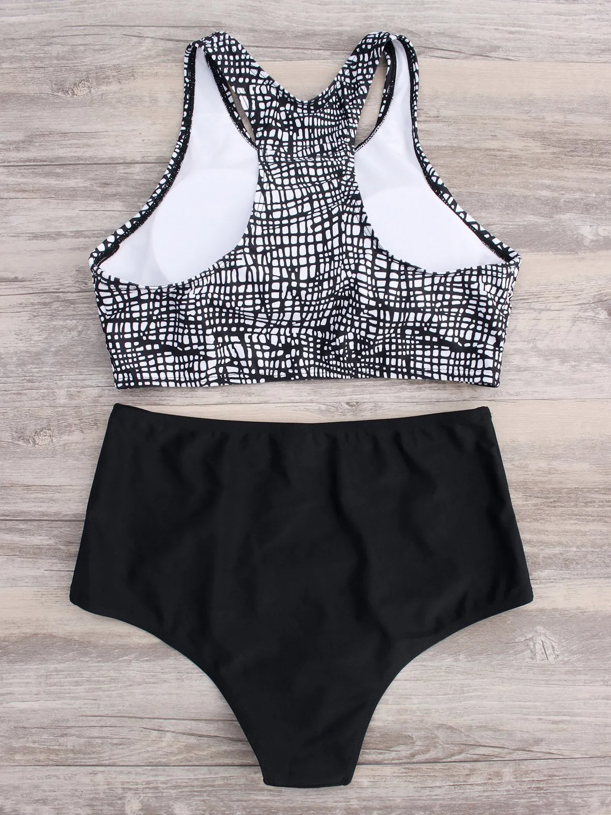 Wholesale Black Round Neck Sleeveless Grid Floral Print Backless Two Piece Bikinis