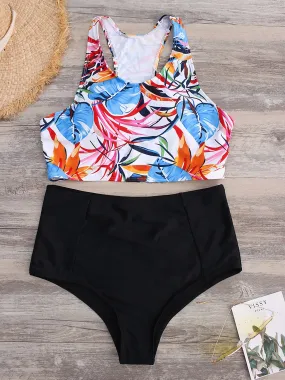 Wholesale Black Round Neck Sleeveless Grid Floral Print Backless Two Piece Bikinis