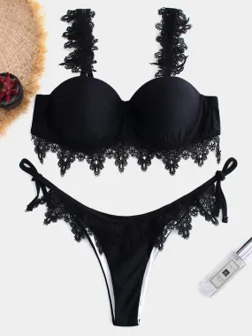 Wholesale Black Sleeveless Plain Self-Tie Bikini Suit