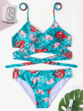 Wholesale Green V-Neck Sleeveless Floral Print Lace-Up Two Piece Bikinis