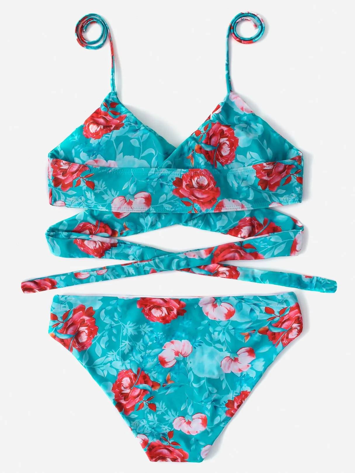 Wholesale Green V-Neck Sleeveless Floral Print Lace-Up Two Piece Bikinis