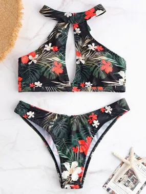 Wholesale Halter Floral Print Sleeveless Bikini Set