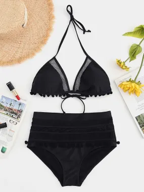 Wholesale Halter Tassel Backless Self-Tie Sleeveless Bikini Set