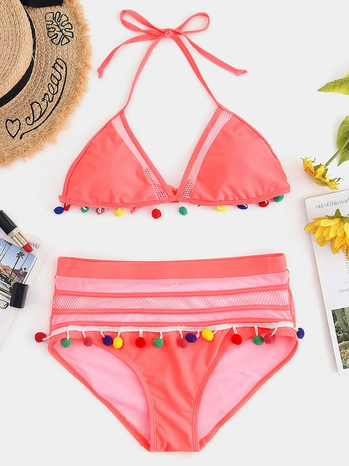 Wholesale Halter Tassel Backless Self-Tie Sleeveless Bikini Set