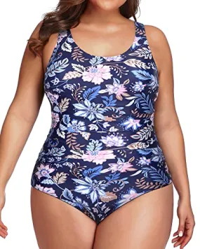 Wide Strap Plus Size Sport Swimsuit For Women-Blue Floral