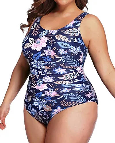 Wide Strap Plus Size Sport Swimsuit For Women-Blue Floral