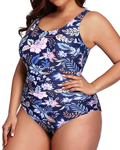 Wide Strap Plus Size Sport Swimsuit For Women-Blue Floral